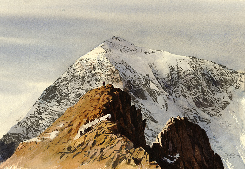 Yr Wyddfa o Grib Goch - dyfrlliw gan Rob Piercy